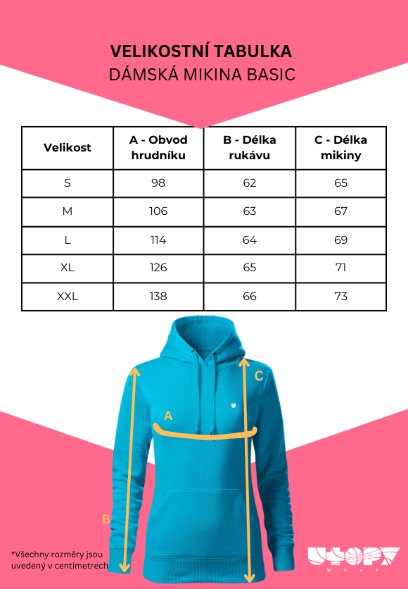 Tabulka velikosti damska mikina basic utopy